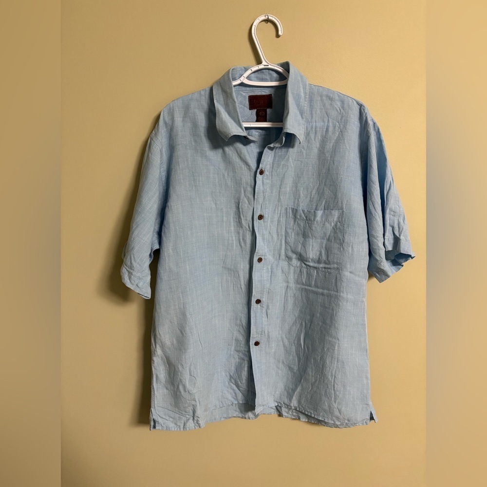 Born Mens Size Large Button Down Linen Bamboo Short Sleeve Shirt Blue
